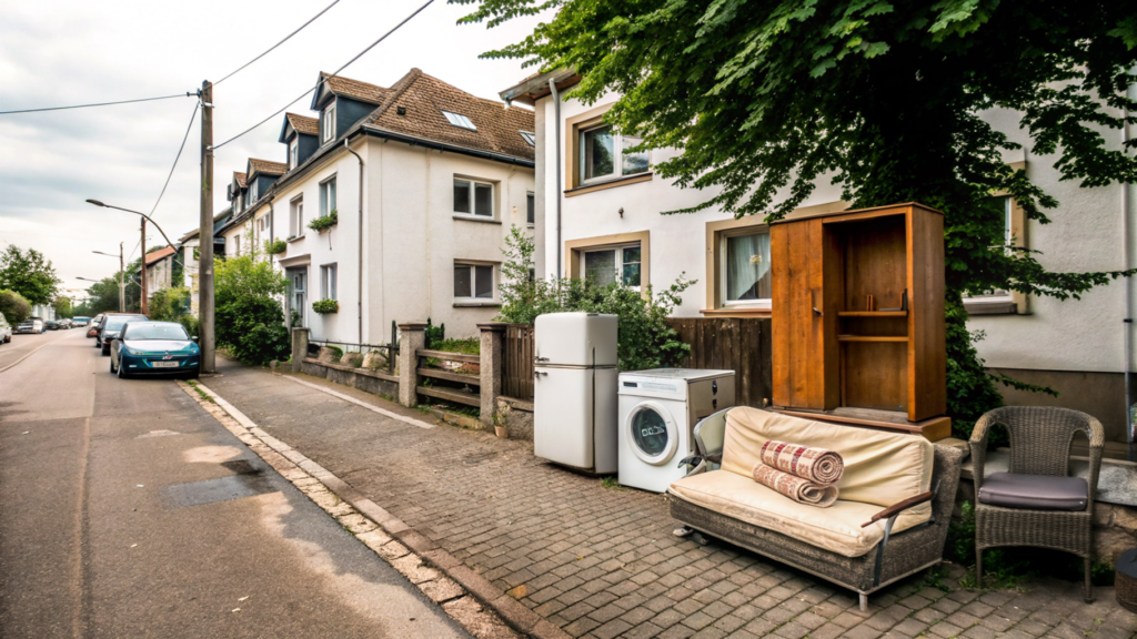 Sperrmüll nach Abfallart richtig bereitgestellt und auf dem Bürgersteig Platz gelassen.